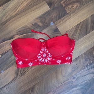 Red strapless swimsuit